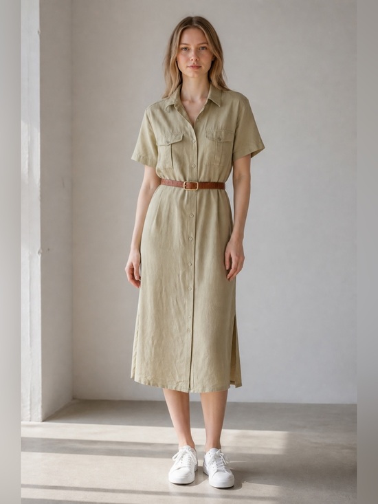 Mulberry Dresses & Skirts - Mulberry Olive-Green Short-Sleeve Midi Shirt Dress